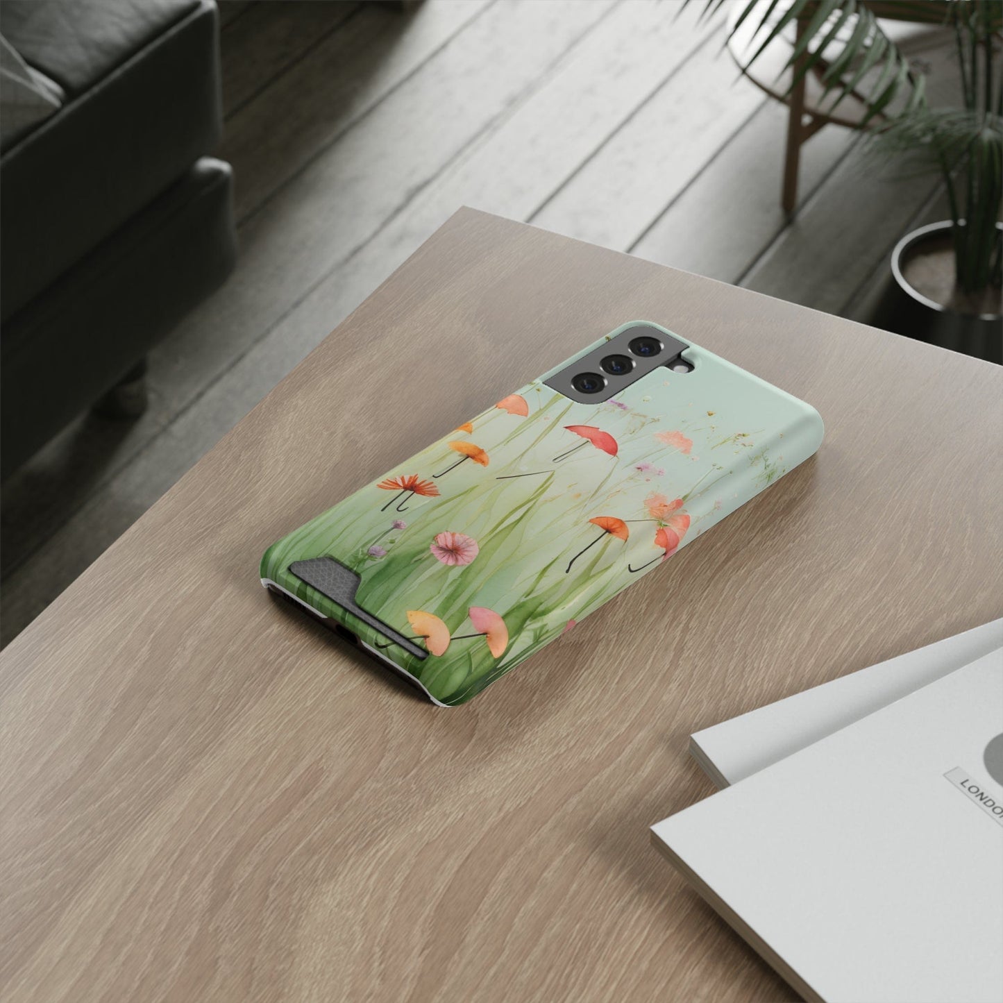 Phone Case With Card Holder "Umbrella Bloom Haven"