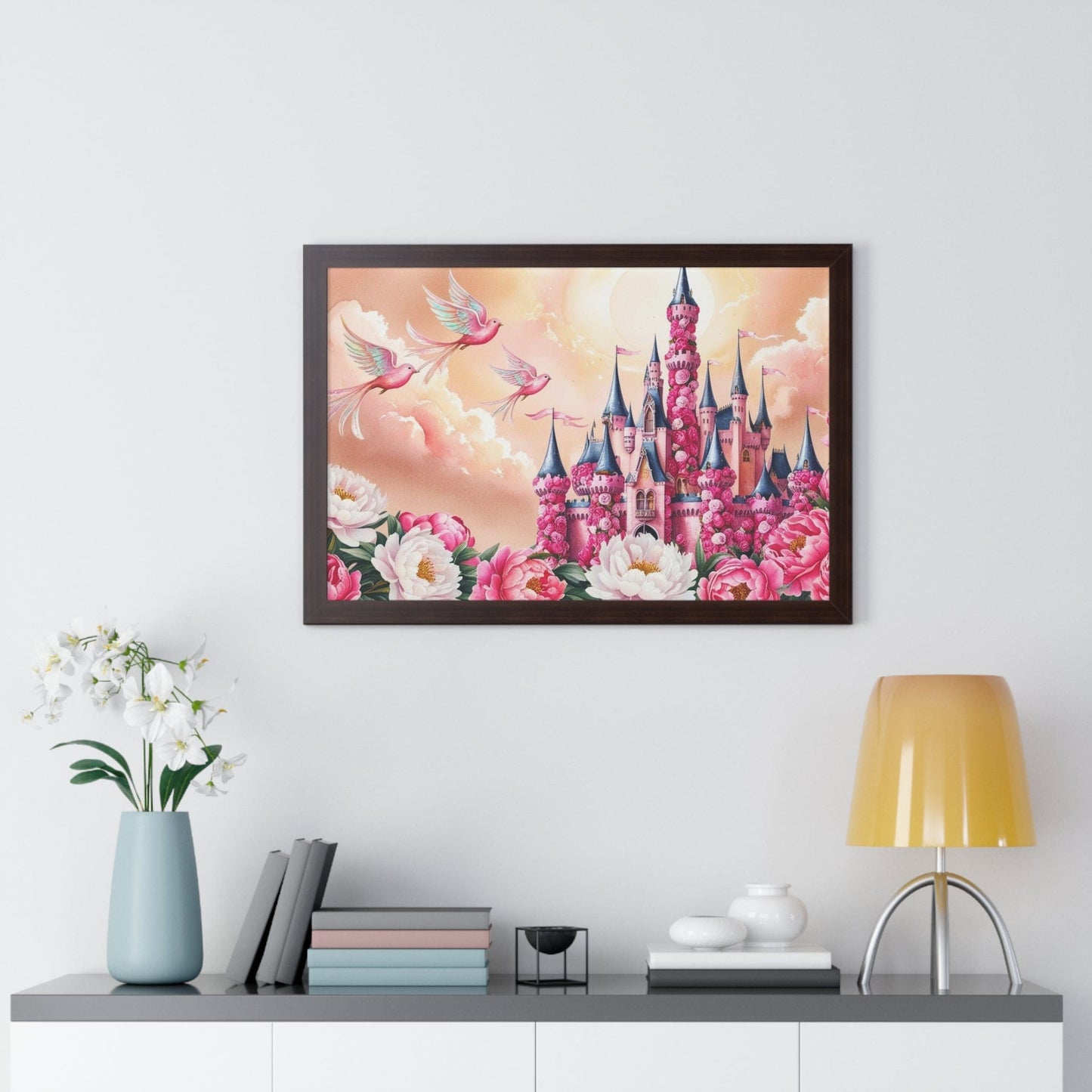 Gerahmtes horizontales Poster „Peony Castle Dreams“