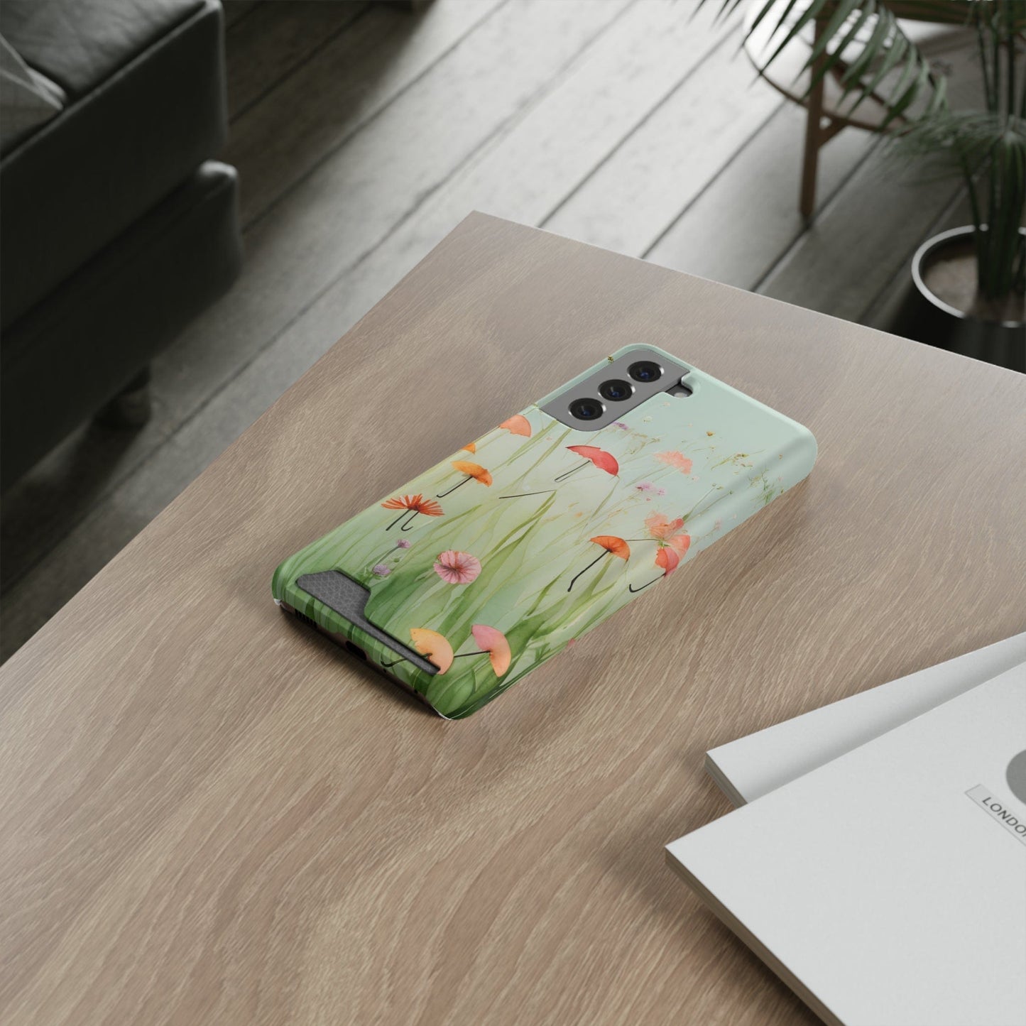 Phone Case With Card Holder "Umbrella Bloom Haven"