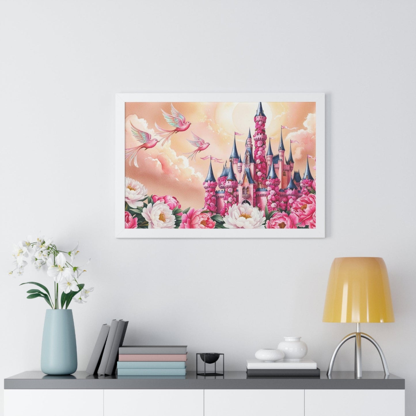 Gerahmtes horizontales Poster „Peony Castle Dreams“